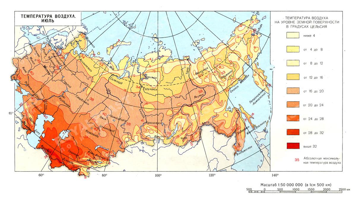 Карта районирования температурных зон в июле